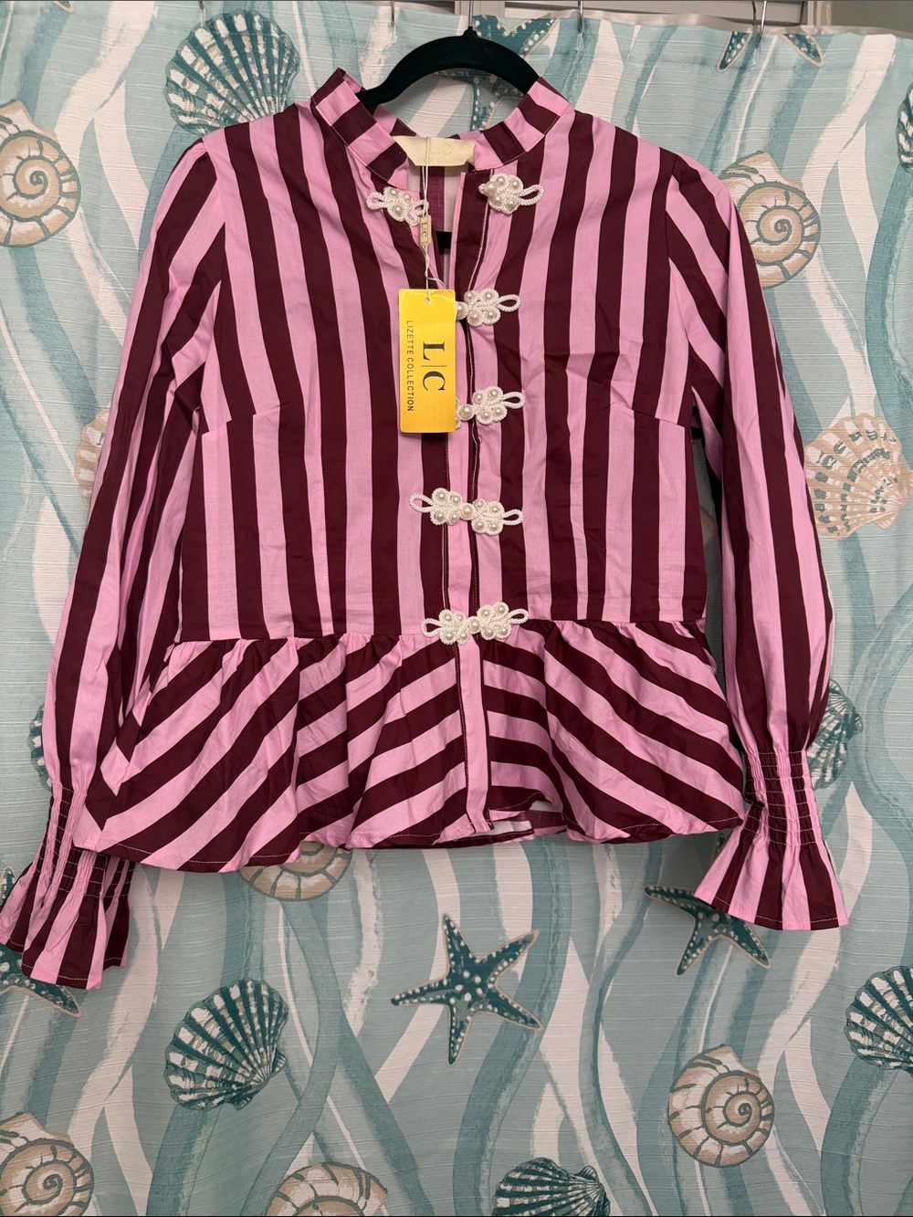 Striped Pink & Burgundy Peplum Button-Down Blouse